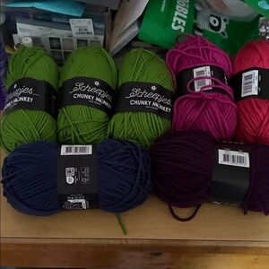 Chunky Monkey Yarn Set - Green, navy plum deep fuchsia and candy apple